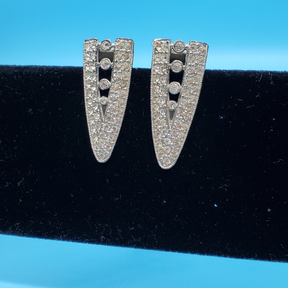 VINTAGE  Art Deco style silvertone clear rhinestone shoe clips